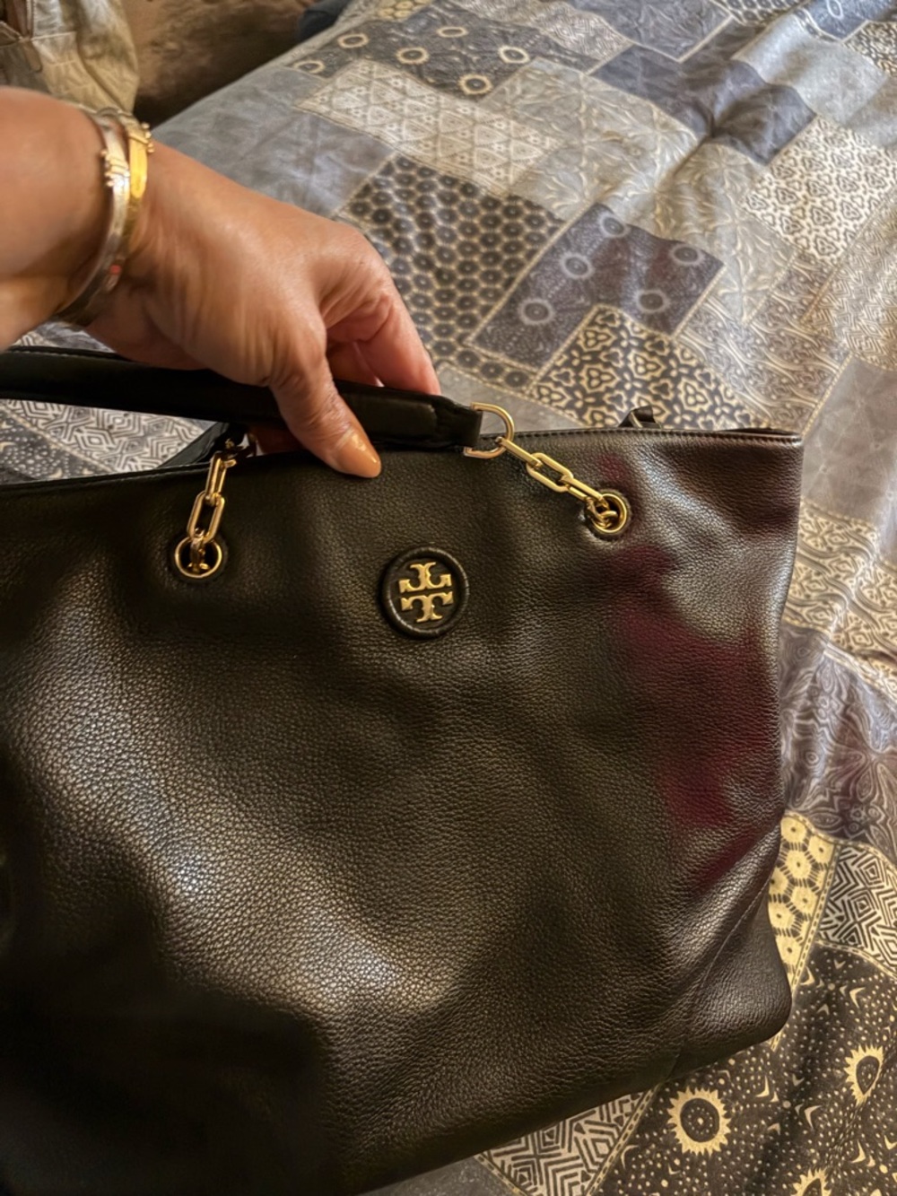 Tory Burch Black Pebbled Leather Tote with Gold Logo Hardware